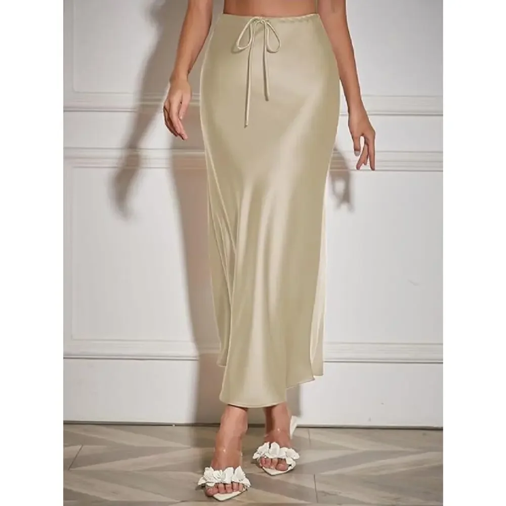 Women's Maxi Skirts Satin Drawstring High Waisted Silk Elegant Flowy Casual - Picture 1 of 4
